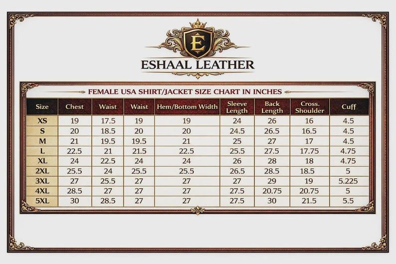 May include: A size chart for shirts and jackets by Eshaal Leather, featuring a table with columns for size, chest, waist, hem width, sleeve length, back length, shoulder, and cuff measurements in inches, ranging from XS to 5XL with specific values.