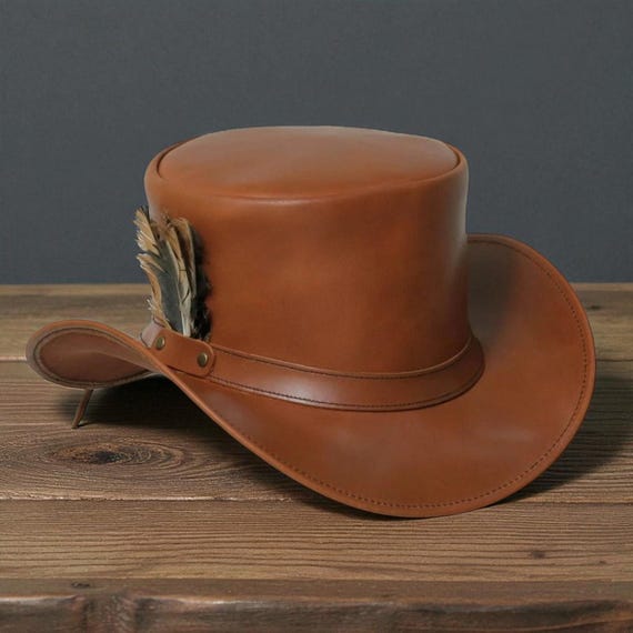 Handmade Brown Leather Top Hat With Feather Accent 