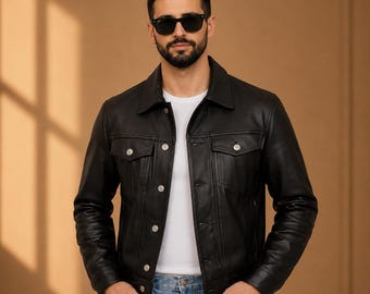 Mens Black Leather Trucker Jacket Vintage Leather Jacket Casual Biker Jacket Gift For Him