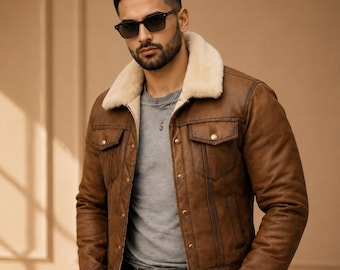 Mens Brown Shearling Leather Jacket Vintage Aviator Bomber Jacket Winter Fur Collar Coat Biker Jacket Gift for Him