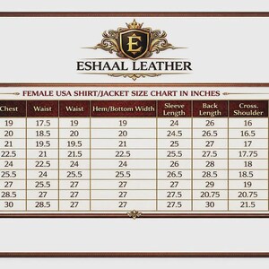 May include: A female USA shirt/jacket size chart in inches, with measurements for chest, waist, hem/bottom width, sleeve length, back length, cross shoulder, and cuff. Sizes range from XS to 5XL. The chart is framed.