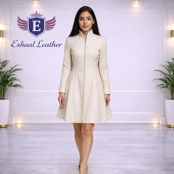 Women Leather Coat Dress Elegant Fit Flare Jacket Dress Custom Size