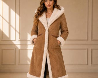 Women's Shearling Suede Coat Hooded Fur Lined Jacket Brown Winter Coat Long Leather Coat Cozy Winter Jacket