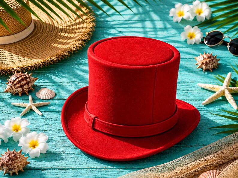 May include: A vibrant red top hat with a matching band, set against a turquoise background with seashells, starfish, and sunglasses. A straw hat is partially visible in the background, suggesting a beach theme.