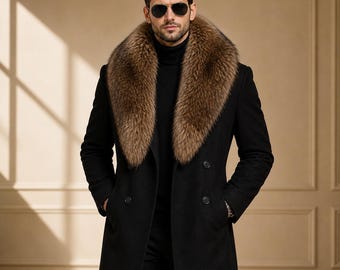 Men Black Faux Fur Collar Coat Luxury Winter Overcoat Faux Fur Long Coat Formal Stylish Warm Jacket for Men