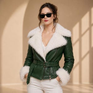 Green Shearling Leather Jacket Women | Belted Leather Coat | Fur Collar Jacket | Genuine Leather Winter Coat | Luxury Gift For Her Bild 1
