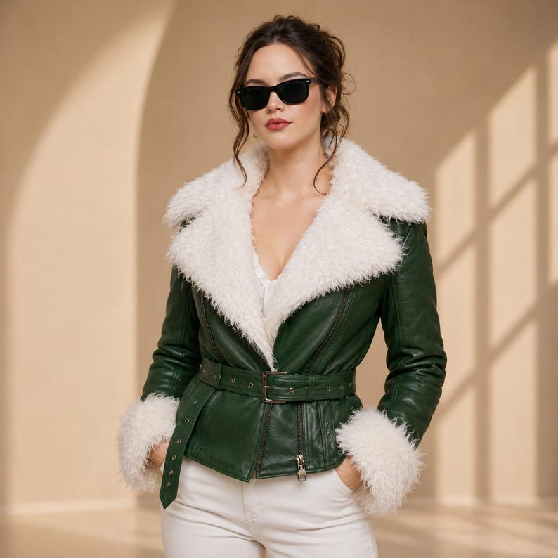 Green Shearling Leather Jacket Women | Belted Leather Coat | Fur Collar Jacket | Genuine Leather Winter Coat | Luxury Gift For Her Bild 1