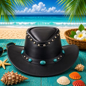 Könnte beinhalten: Ein schwarzer Leder-Cowboyhut mit türkisfarbenen Akzenten und goldenen Nieten. Der Hut wird auf einer türkisfarbenen Holzoberfläche mit Muscheln, Sonnenbrillen und einer tropischen Strandszene im Hintergrund präsentiert.