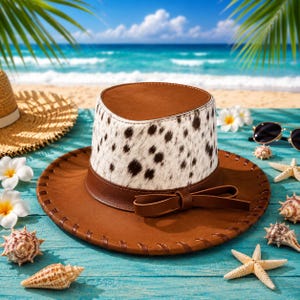 Könnte beinhalten: Ein brauner Cowboyhut mit Kuhfellkrone und Lederband und Schleife. Der Hut liegt auf einer blauen Holzoberfläche mit Muscheln, Seesternen und Sonnenbrillen, mit einem Strand und Meer im Hintergrund.