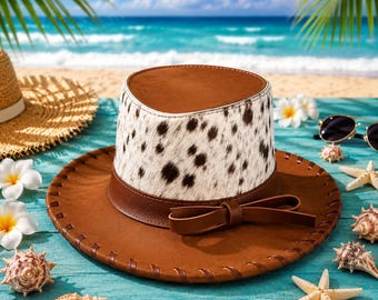 Handmade Cowhide Leather Cowboy Hat – Western Rodeo Rancher Style | Genuine Hide Brown & White Cattleman Hat Gift for him Gift for women