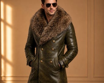 Men Faux fur Collar Leather Coat Luxury Winter Leather Trench Coat Double Breasted Leather Jacket Gift For Him