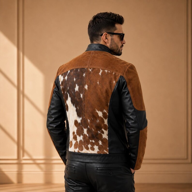 May include: A brown and black leather jacket with a cowhide back panel. The jacket has a suede upper section and black leather sleeves and side panels. The person in the image is wearing sunglasses.