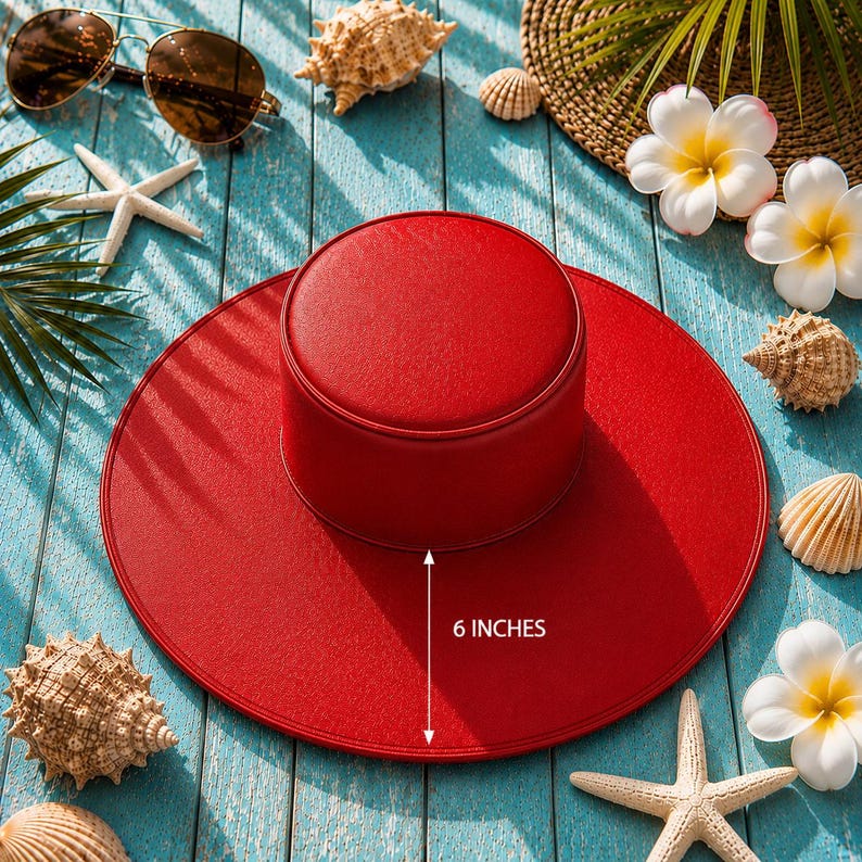 Puede incluir: Un sombrero rojo brillante con una corona de 15 cm, rodeado de conchas marinas, estrellas de mar y gafas de sol sobre una superficie de madera azul. El sombrero es un accesorio elegante para los d&iacute;as soleados.