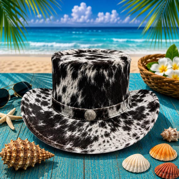 Cow Print Cowboy Hat Western Leather Hat for Men Women Black White Ranch Hat Cowhide Style Western Fashion Hat