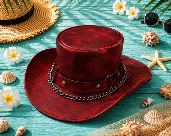 Red Leather Cowboy Hat Western Hat Handmade Cowgirl Hat Rodeo Hat Gothic Western Hat