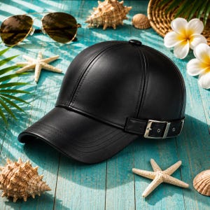 Könnte beinhalten: Schwarze Baseballkappe aus Leder mit gebogenem Schirm und verstellbarem Riemen mit silbernen Schnallen. Die Kappe wird auf einer blauen Holzoberfläche mit Sonnenbrille, Muscheln und Seesternen präsentiert.