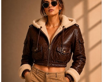 Women’s Brown Shearling Fux  Bomber Jacket Cropped Aviator Leather Winter Coat