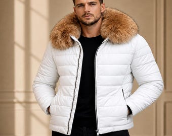 Men's White Leather Puffer Jacket Fur Hood Shearling Collar Winter Jacket Real Leather Coat