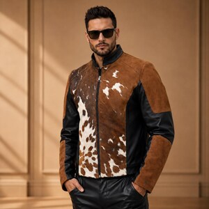May include: A brown, black, and white leather jacket with a zip-up front. The jacket features a cowhide pattern on the front and brown suede panels on the shoulders and sleeves. The sleeves and sides are black.
