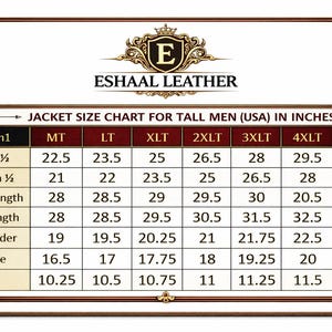May include: A jacket size chart for tall men, with measurements in inches. The chart includes chest, bottom, sleeve length, back length, X-shoulder, muscle, and cuff measurements for sizes MT, LT, XLT, 2XLT, 3XLT, 4XLT, and 5XLT.