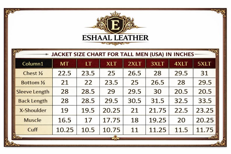 May include: A jacket size chart for tall men, with measurements in inches. The chart includes chest, bottom, sleeve length, back length, X-shoulder, muscle, and cuff measurements for sizes MT, LT, XLT, 2XLT, 3XLT, 4XLT, and 5XLT.