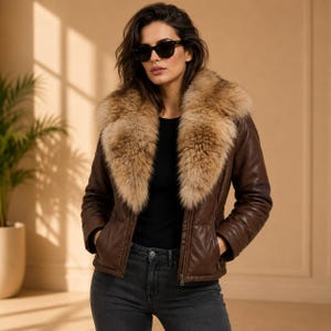May include: A dark brown leather jacket featuring a large, plush tan faux fur collar, a front zip fastening, and long sleeves. The jacket is worn over a plain black top and dark grey denim jeans, paired with black sunglasses.