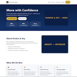 Może przedstawiać: Zrzut ekranu strony internetowej Harbor & Key Realty, z granatowo-złotą kolorystyką. Strona podkreśla usługi, w tym wycenę domu i lokalne doświadczenie. Tekst zawiera "Move with Confidence" i szczegóły dotyczące ich usług.