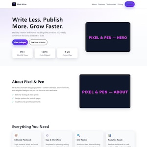 May include: A website screenshot for Pixel & Pen, a blogging platform. The page features text that reads "Write Less. Publish More. Grow Faster." with sections on features, packages, and content operations. The color scheme is primarily white, purple, and black.