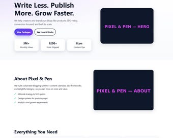 May include: A website screenshot for Pixel & Pen, a blogging platform. The page features text that reads "Write Less. Publish More. Grow Faster." with sections on features, packages, and content operations. The color scheme is primarily white, purple, and black.