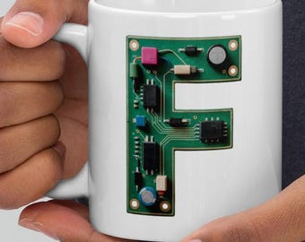 Taza con la letra F de PCB: Regalo inicial para ingenieros, electrónicos y creadores.