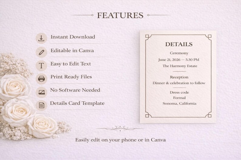 Reception Card Editing Editable Wedding Details Card Template, Minimalist Insert Digital ...