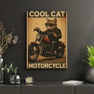 Cool Cat Motorcycle Poster - Vintage Biker Wall Art | Funny Cat Lover Gift | Digital Download