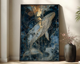 黄金のクジラのポスター、宇宙の海の壁アートプリント、抽象的なイラスト