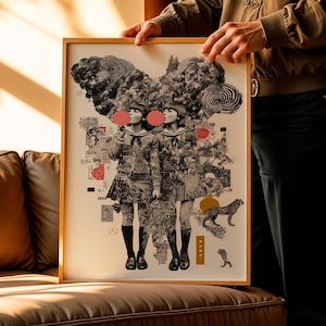 Surreal Collage Art Print – Twin Girls with Bubblegum, Abstract Pop Art Poster