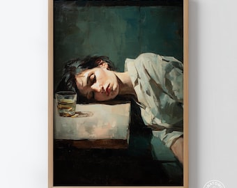 メランコリックな女性アートプリント – 陰鬱な絵画的肖像画、映画的な比喩的ポスター