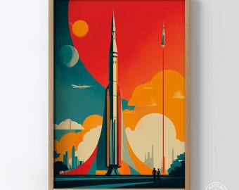 Affiche rétro, fusée spatiale, art mural, science-fiction, milieu du siècle, impression de voyage futuriste