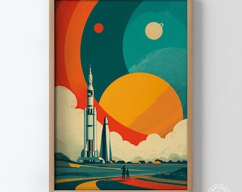 Póster de cohete retro: Arte espacial moderno de mediados de siglo (descarga digital)