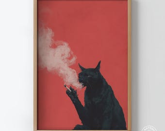 タバコを吸う黒猫 – シュールなウォールアートプリント、ブラックユーモアポスター