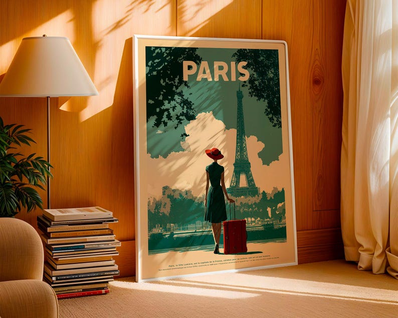 May include: A framed travel poster with the word "PARIS" at the top. The poster depicts a woman with a red hat and suitcase, standing in front of the Eiffel Tower. The poster has a vintage travel theme with a color palette of green, beige, and red.