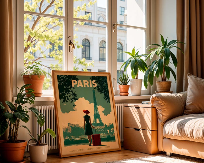May include: A framed travel poster with the word "PARIS" at the top. The poster depicts a person with a red hat and suitcase in front of the Eiffel Tower. The poster is in a room with plants, a window, and a sofa.