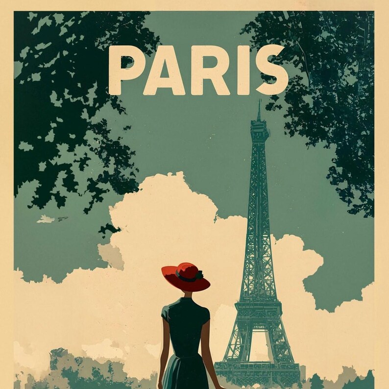 May include: A vintage travel poster featuring the Eiffel Tower in Paris. A person in a dark dress and red hat stands with a red suitcase, facing the tower. The word "PARIS" is at the top in white letters.