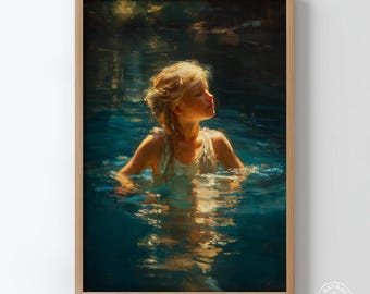 水の中の少女のアートプリント – 油絵 Pprtrait