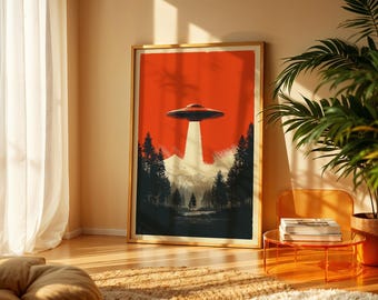 Póster de arte mural OVNI con impresión retro de nave espacial extraterrestre y obra de arte de abducción para fanáticos de la ciencia ficción.