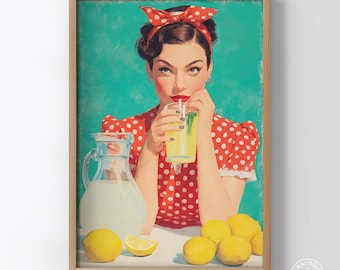 Retro Lemonade Poster | Vintage Pin-Up Kitchen Wall Art | Pop Art Girl Illustration