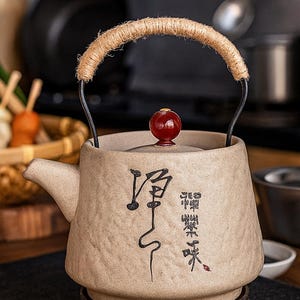 Puede incluir: Tetera de cerámica beige con asa envuelta en cuerda y pomo rojo en la tapa. La tetera tiene caligrafía negra en el frente. Se asienta sobre una base marrón oscuro, adecuada para té u otras bebidas calientes.