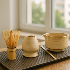 Peut inclure: Un ensemble à thé matcha comprenant un fouet en bambou, un bol chawan en céramique, une cuillère chashaku et un récipient à thé chaki. Les articles sont disposés sur un plateau texturé brun foncé, avec une fenêtre en arrière-plan.