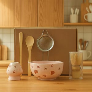 Op de afbeelding: Een theeceremonie set met een roze keramische kom met berenmotieven, een bamboe klopper in een glas, een metalen zeef en houten keukengerei. De set wordt gepresenteerd voor een bruine doos, ideaal om cadeau te geven.