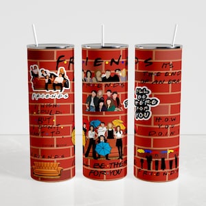 May include: A set of three stainless steel tumblers featuring a red brick wall design with images of the Friends TV show cast. Each tumbler has a white straw and various quotes and phrases from the show.