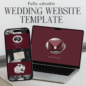 Puede incluir: Un portátil y un smartphone muestran una plantilla de sitio web de bodas. La pantalla del portátil muestra un fondo burdeos con un gráfico de sobre. El smartphone muestra un diseño similar con detalles de boda. El texto en la parte superior dice "Fully editable WEDDING WEBSITE TEMPLATE."