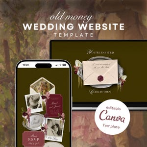 Pode incluir: Modelo de site de casamento digital exibido em um smartphone e laptop. O design apresenta um envelope de convite com um selo de cera, detalhes florais e o texto "old money WEDDING WEBSITE TEMPLATE". O modelo Canva é editável.